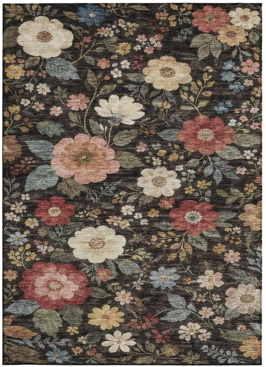 Black And Graphite Floral Washable Indoor Outdoor Area Rug Photo 3