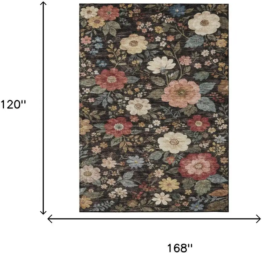 Black And Graphite Floral Washable Indoor Outdoor Area Rug Photo 6