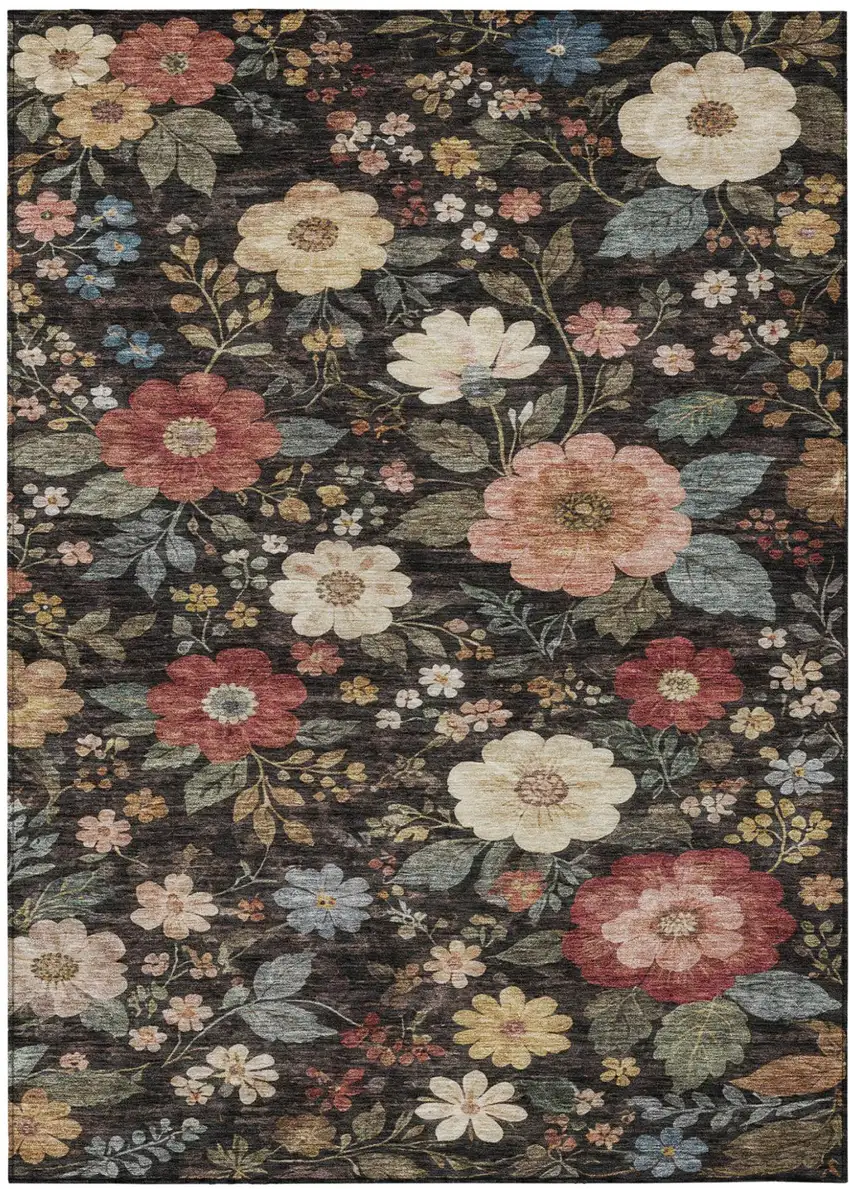 Black And Graphite Floral Washable Indoor Outdoor Area Rug Photo 2