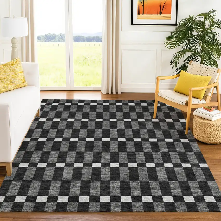 Black And Graphite Geometric Washable Indoor Outdoor Area Rug Photo 6