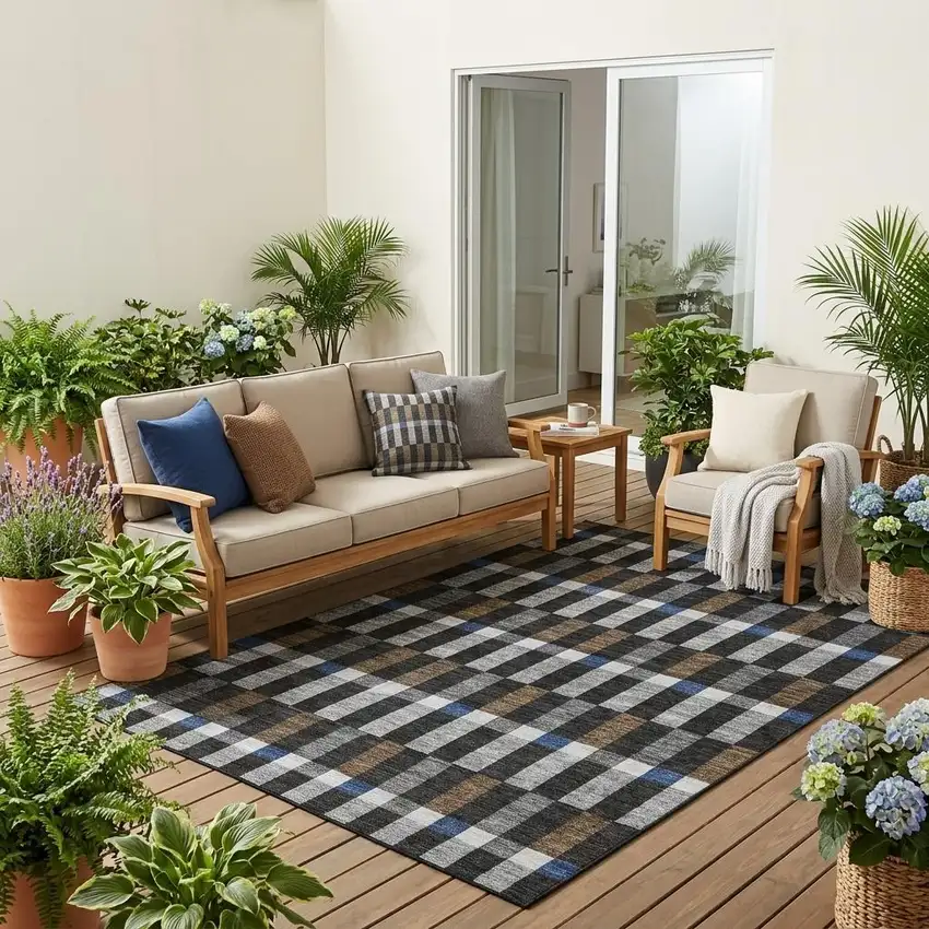 Black And Graphite Geometric Washable Indoor Outdoor Area Rug Photo 1