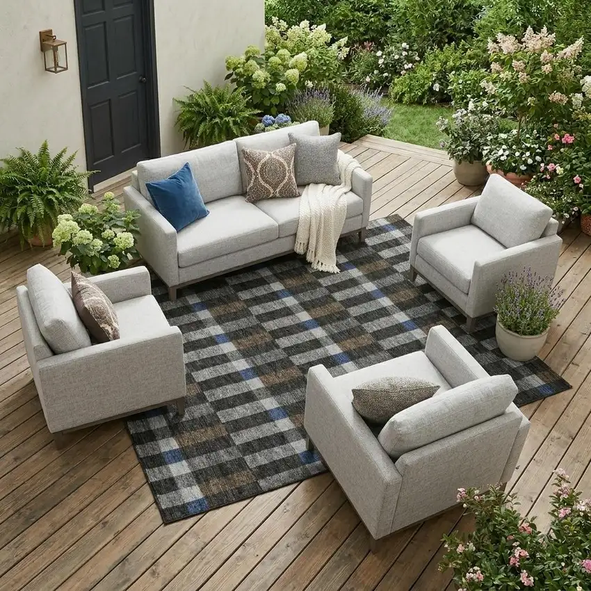 Black And Graphite Geometric Washable Indoor Outdoor Area Rug Photo 1