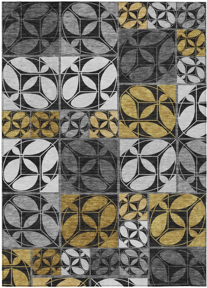 Black And Graphite Geometric Washable Indoor Outdoor Area Rug Photo 1
