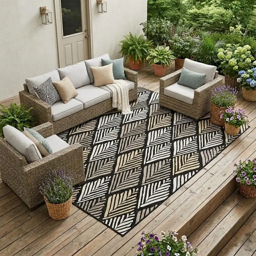 Black And Graphite Geometric Washable Indoor Outdoor Area Rug Photo 1