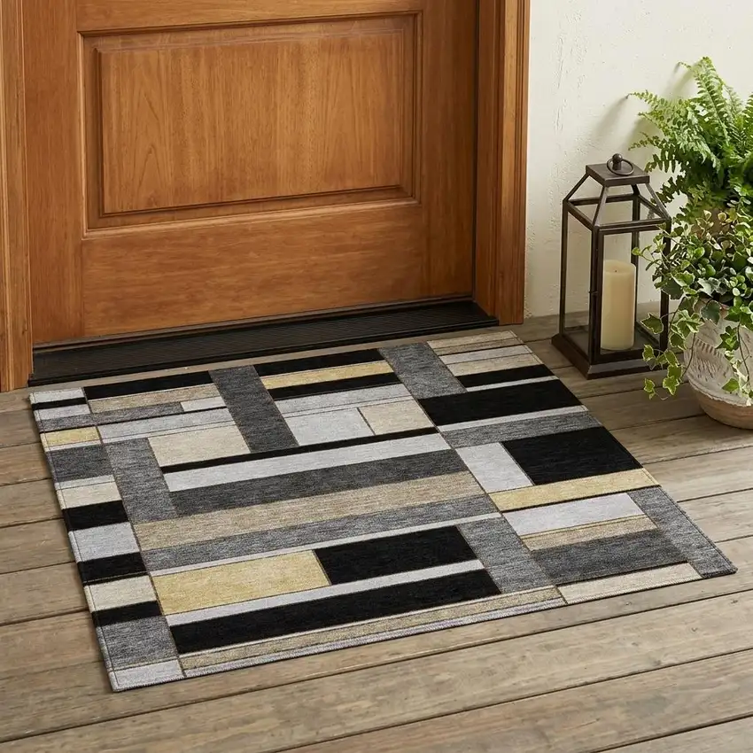 Black And Graphite Geometric Washable Indoor Outdoor Area Rug Photo 1