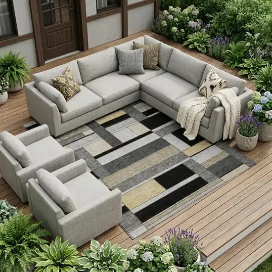 Black And Graphite Geometric Washable Indoor Outdoor Area Rug Photo 1