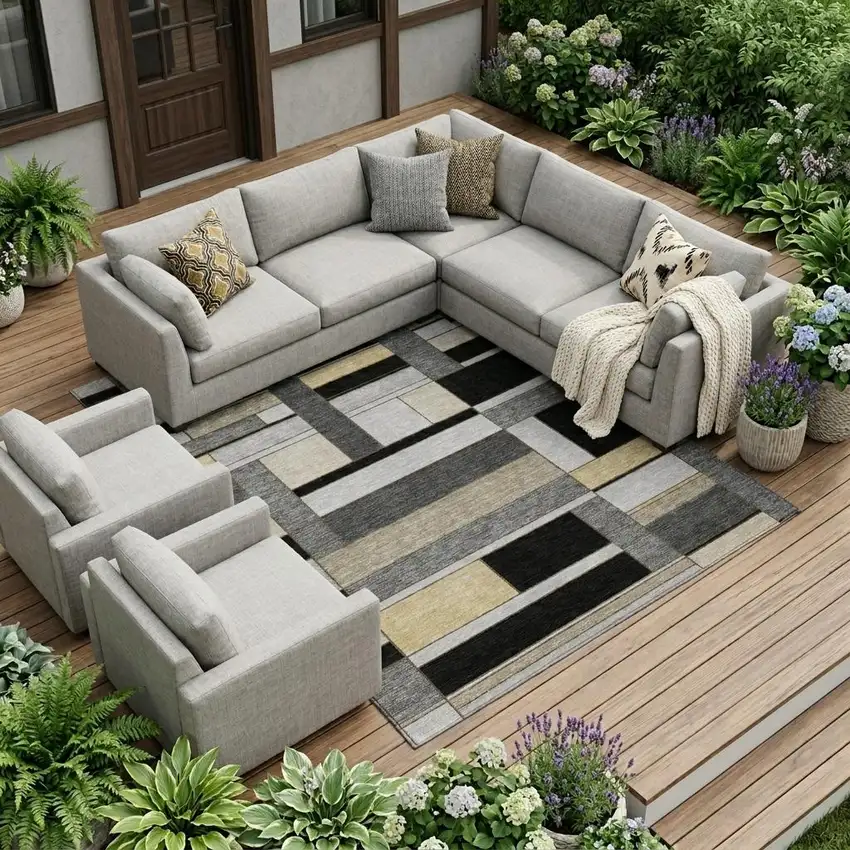 Black And Graphite Geometric Washable Indoor Outdoor Area Rug Photo 1