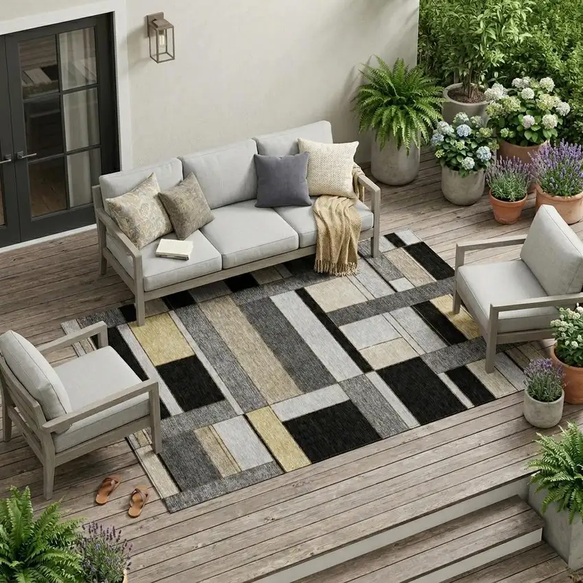 Black And Graphite Geometric Washable Indoor Outdoor Area Rug Photo 1