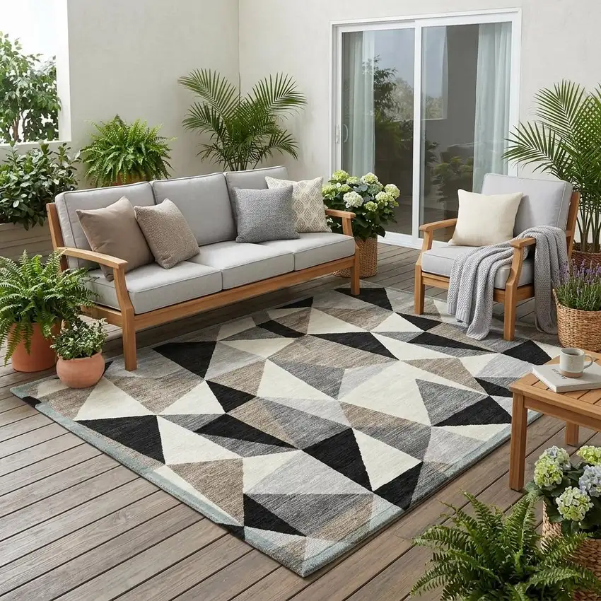 Black And Graphite Geometric Washable Indoor Outdoor Area Rug Photo 1