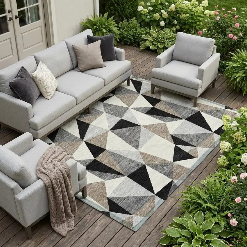 Black And Graphite Geometric Washable Indoor Outdoor Area Rug Photo 1