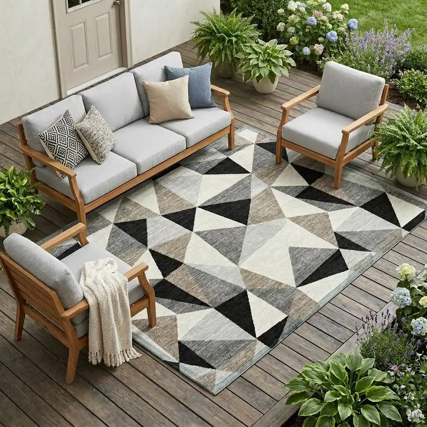 Black And Graphite Geometric Washable Indoor Outdoor Area Rug Photo 1