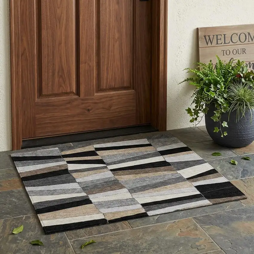 Black And Graphite Geometric Washable Indoor Outdoor Area Rug Photo 1