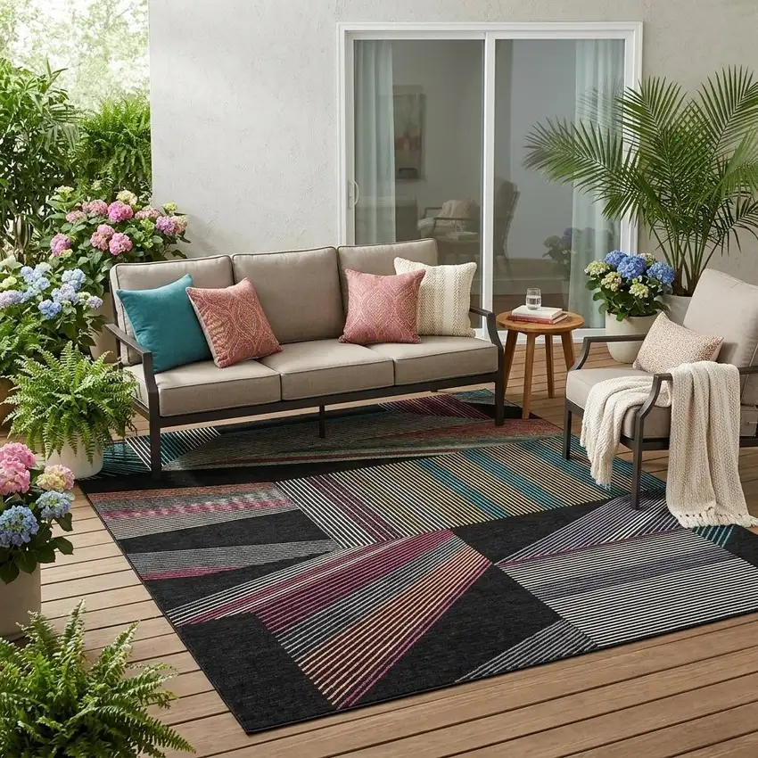 Black And Graphite Geometric Washable Indoor Outdoor Area Rug Photo 1