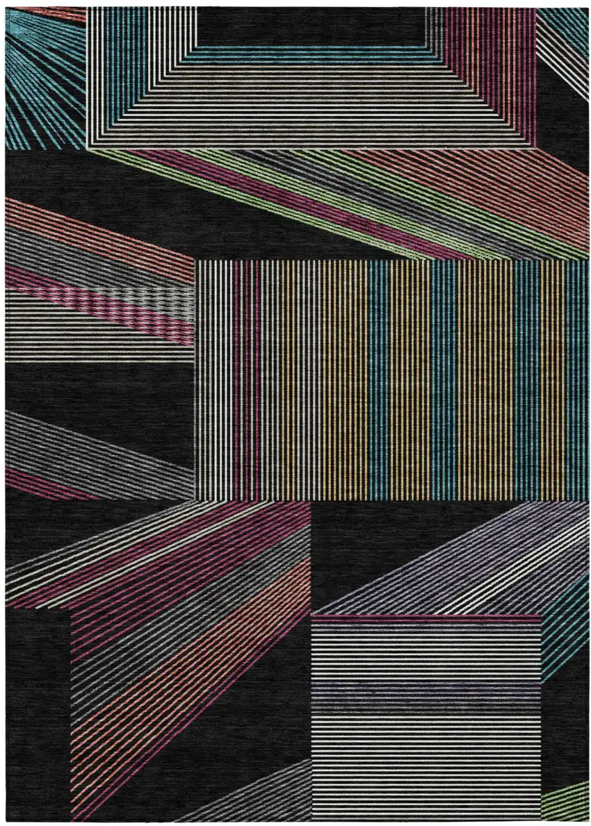 Black And Graphite Geometric Washable Indoor Outdoor Area Rug Photo 2