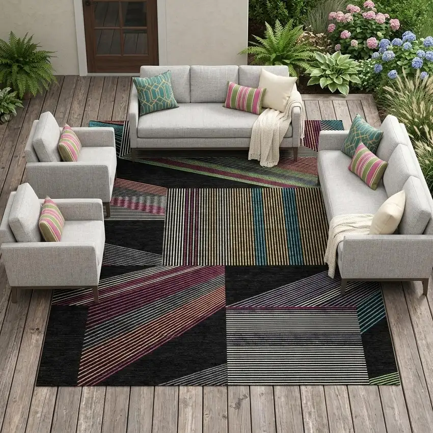 Black And Graphite Geometric Washable Indoor Outdoor Area Rug Photo 1