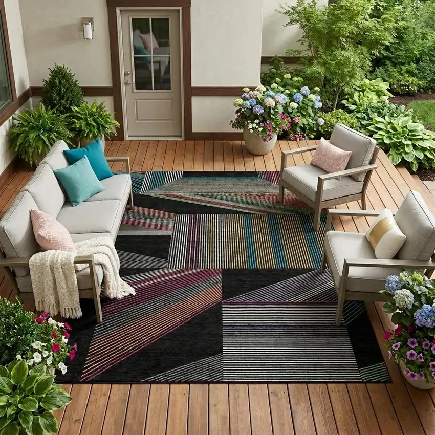 Black And Graphite Geometric Washable Indoor Outdoor Area Rug Photo 1
