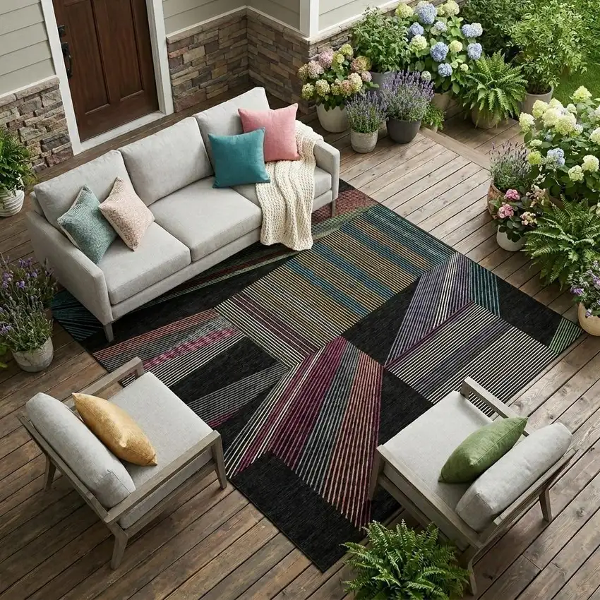 Black And Graphite Geometric Washable Indoor Outdoor Area Rug Photo 1