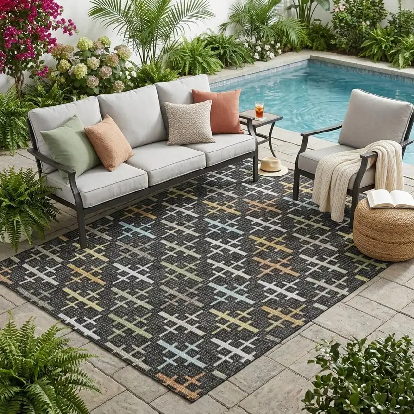 Black And Graphite Geometric Washable Indoor Outdoor Area Rug Photo 1