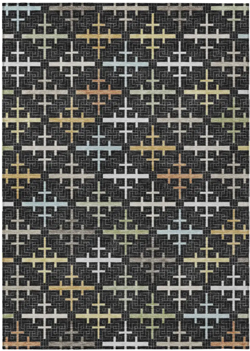 Black And Graphite Geometric Washable Indoor Outdoor Area Rug Photo 2