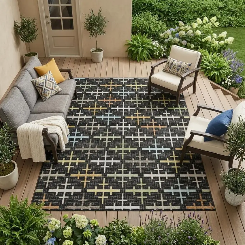 Black And Graphite Geometric Washable Indoor Outdoor Area Rug Photo 1