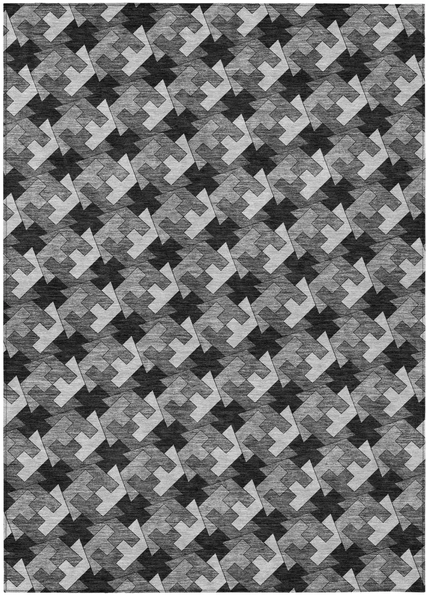 Black And Graphite Geometric Washable Indoor Outdoor Area Rug Photo 2