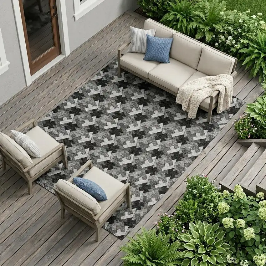 Black And Graphite Geometric Washable Indoor Outdoor Area Rug Photo 1