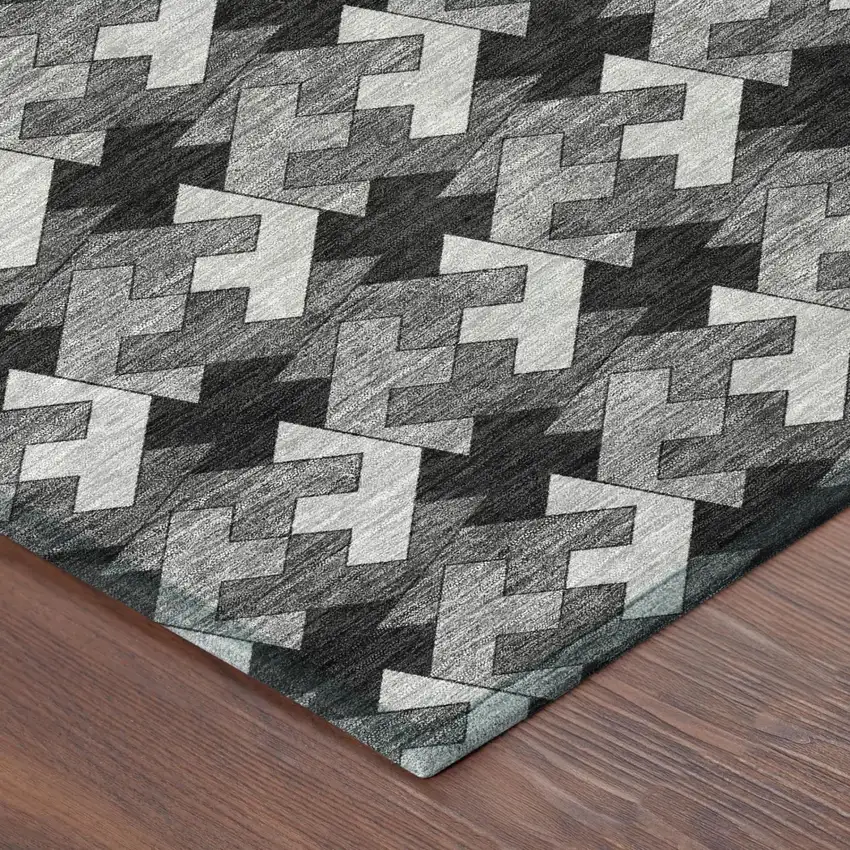 Black And Graphite Geometric Washable Indoor Outdoor Area Rug Photo 3