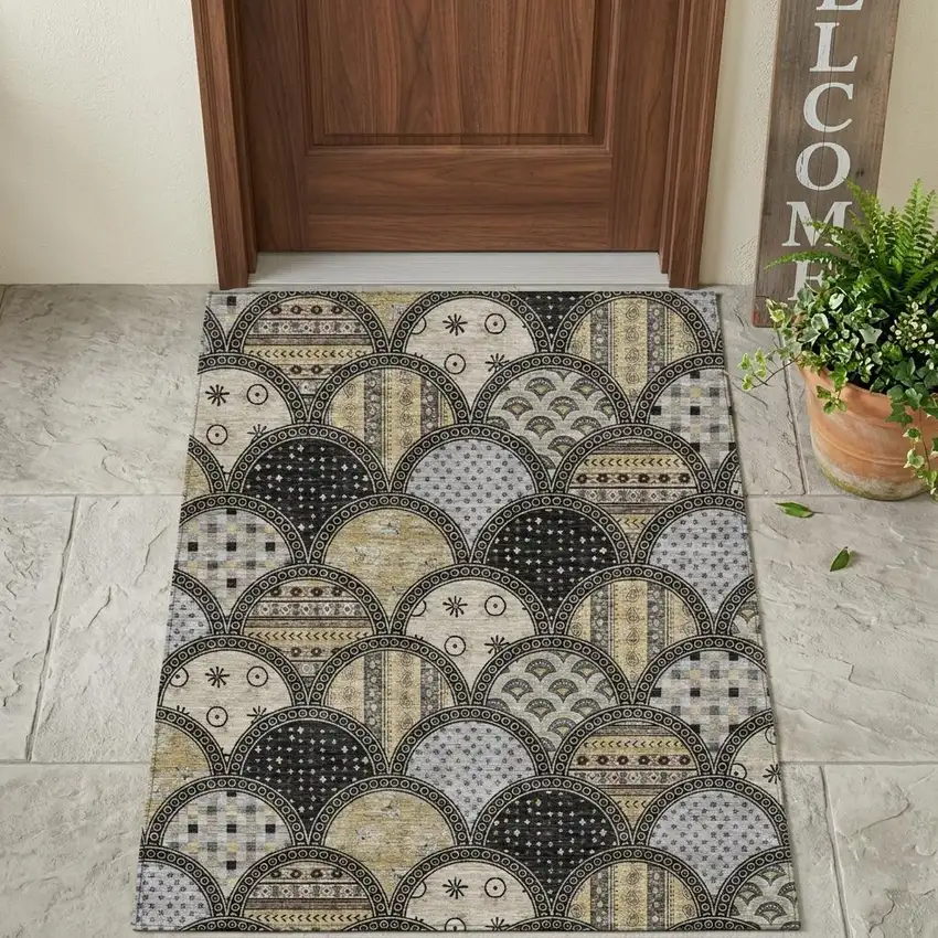 Black And Graphite Geometric Washable Indoor Outdoor Area Rug Photo 1