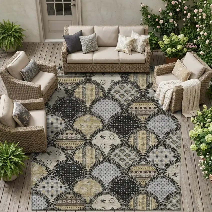 Black And Graphite Geometric Washable Indoor Outdoor Area Rug Photo 1
