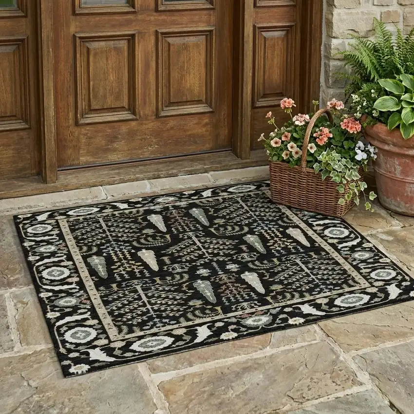 Black And Graphite Oriental Washable Indoor Outdoor Area Rug Photo 1