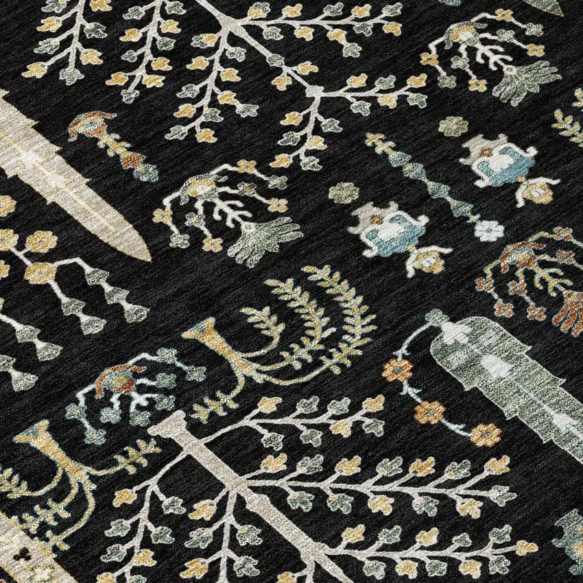 Black And Graphite Oriental Washable Indoor Outdoor Area Rug Photo 4