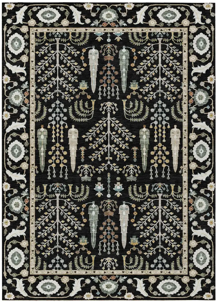 Black And Graphite Oriental Washable Indoor Outdoor Area Rug Photo 2