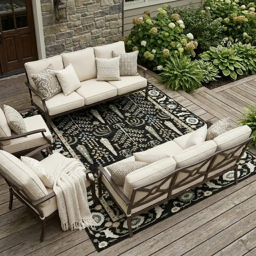 Black And Graphite Oriental Washable Indoor Outdoor Area Rug Photo 1