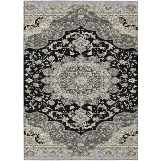 Black And Graphite Oriental Washable Indoor Outdoor Area Rug Photo 2