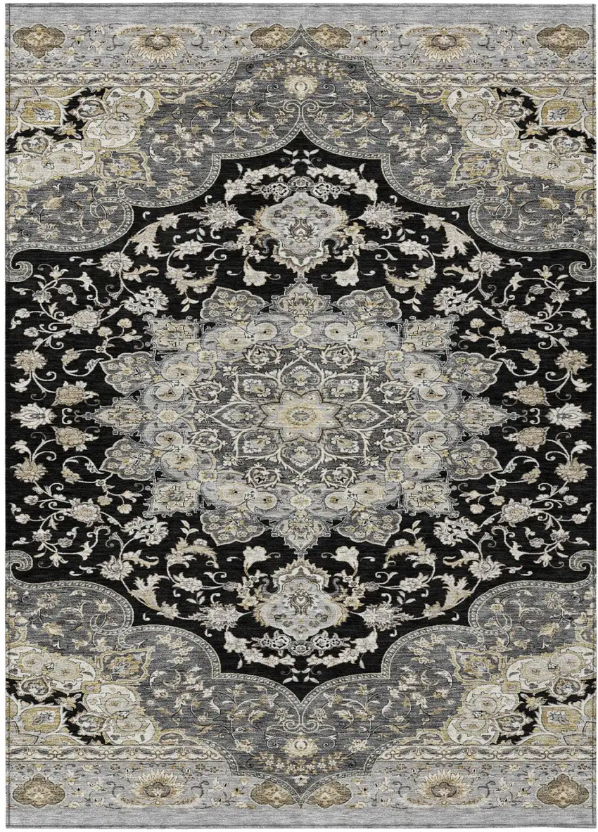 Black And Graphite Oriental Washable Indoor Outdoor Area Rug Photo 2