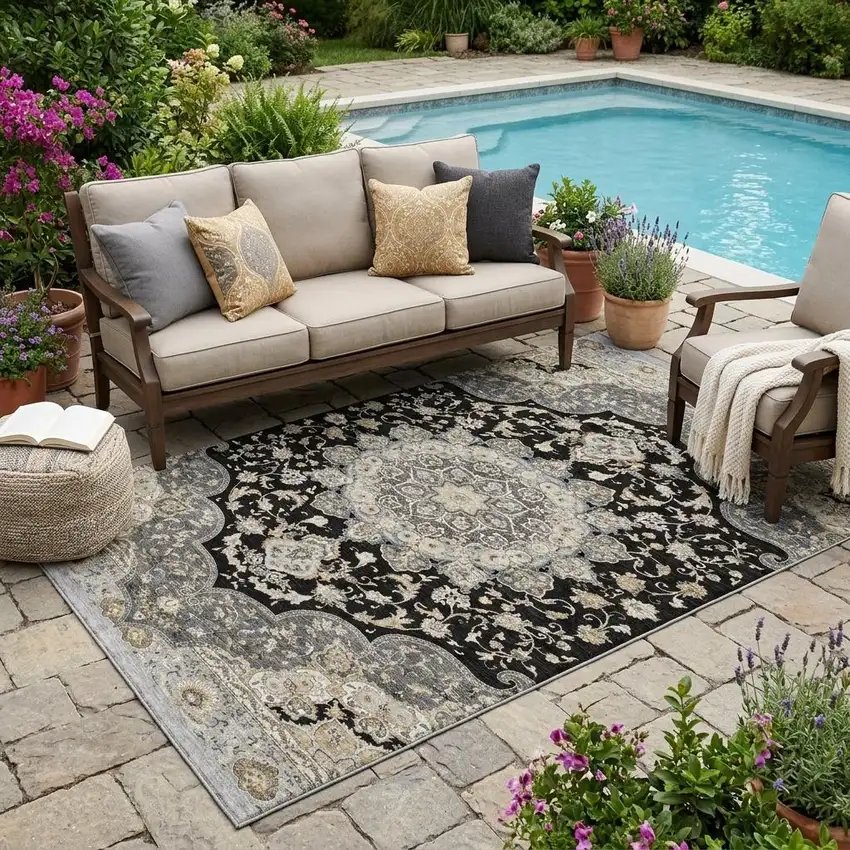 Black And Graphite Oriental Washable Indoor Outdoor Area Rug Photo 1