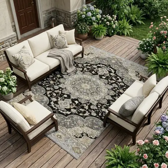 Black And Graphite Oriental Washable Indoor Outdoor Area Rug Photo 1