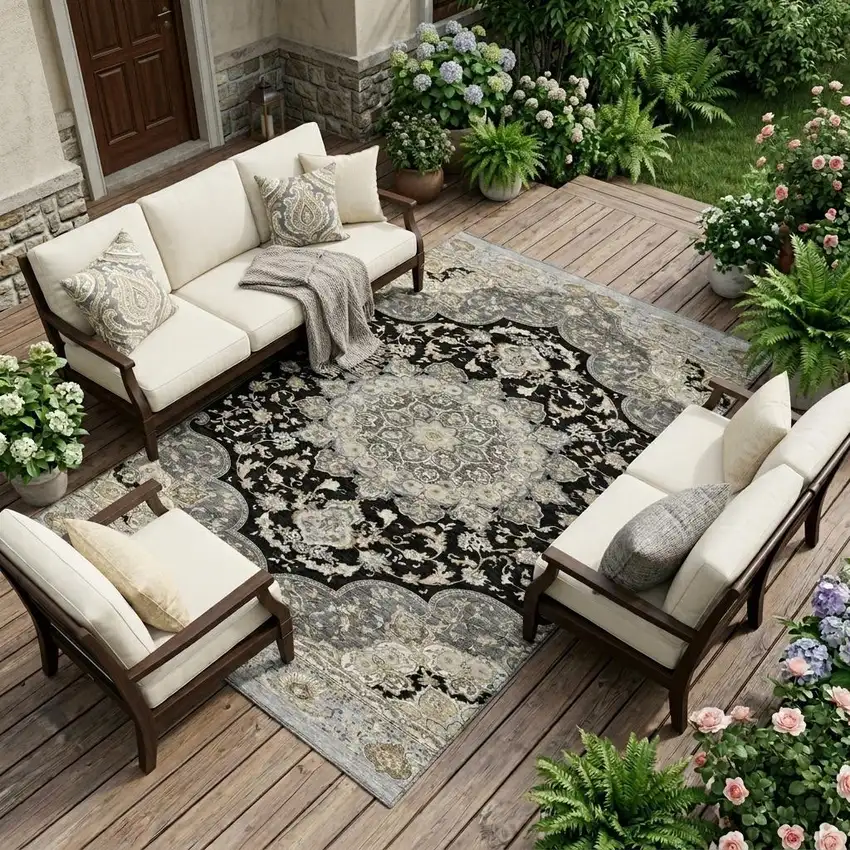 Black And Graphite Oriental Washable Indoor Outdoor Area Rug Photo 1