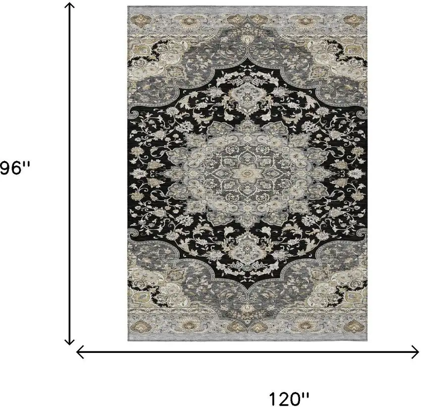 Black And Graphite Oriental Washable Indoor Outdoor Area Rug Photo 5