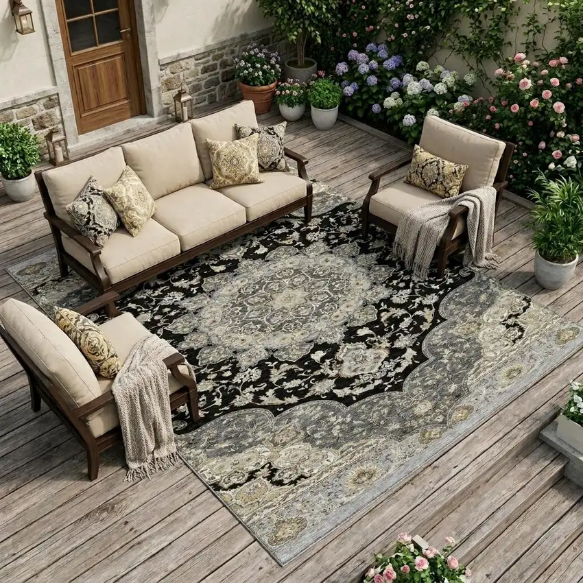 Black And Graphite Oriental Washable Indoor Outdoor Area Rug Photo 1