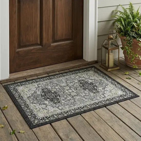 Black And Graphite Oriental Washable Indoor Outdoor Area Rug Photo 1