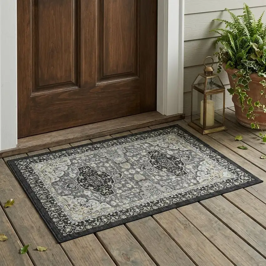 Black And Graphite Oriental Washable Indoor Outdoor Area Rug Photo 1