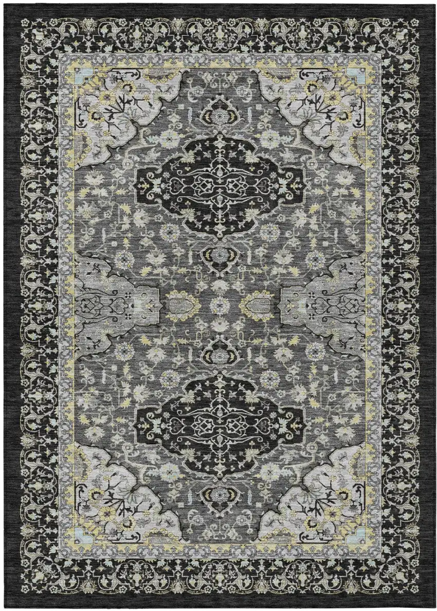 Black And Graphite Oriental Washable Indoor Outdoor Area Rug Photo 2