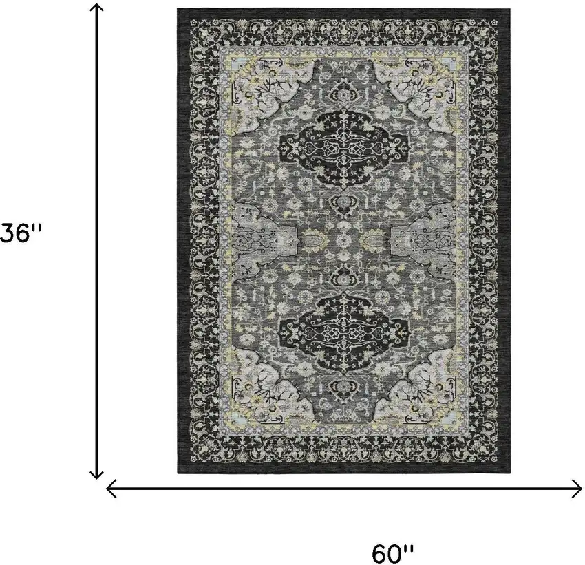 Black And Graphite Oriental Washable Indoor Outdoor Area Rug Photo 5