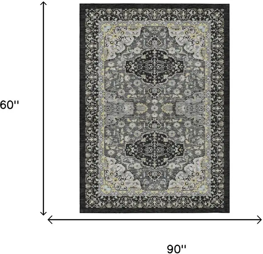 Black And Graphite Oriental Washable Indoor Outdoor Area Rug Photo 5