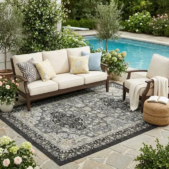 Black And Graphite Oriental Washable Indoor Outdoor Area Rug Photo 1