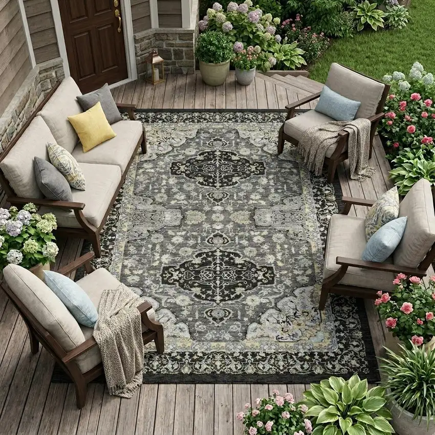 Black And Graphite Oriental Washable Indoor Outdoor Area Rug Photo 1