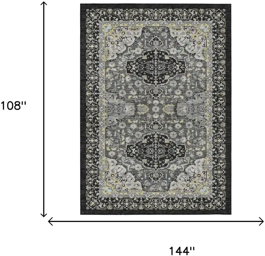 Black And Graphite Oriental Washable Indoor Outdoor Area Rug Photo 5