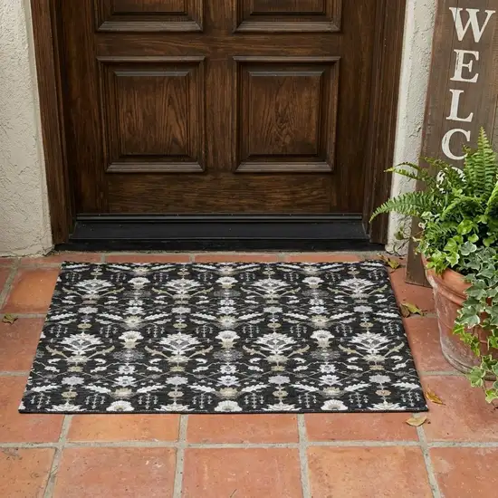 Black And Graphite Oriental Washable Indoor Outdoor Area Rug Photo 1