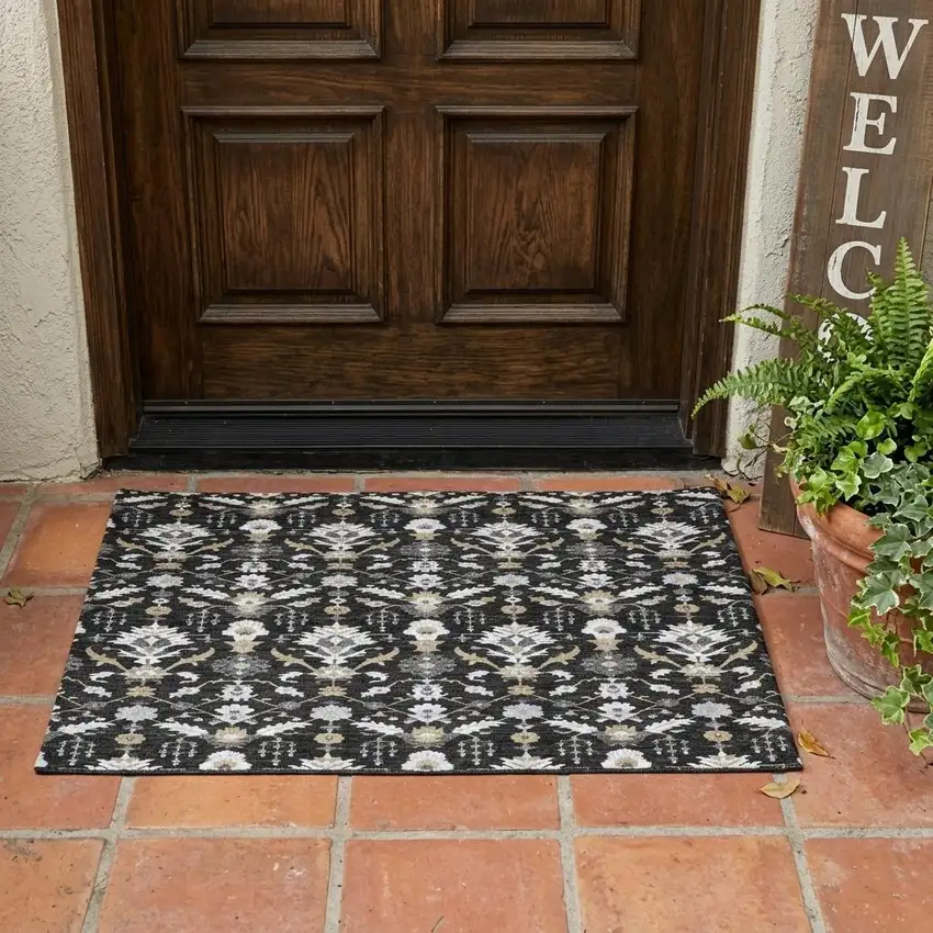 Black And Graphite Oriental Washable Indoor Outdoor Area Rug Photo 1